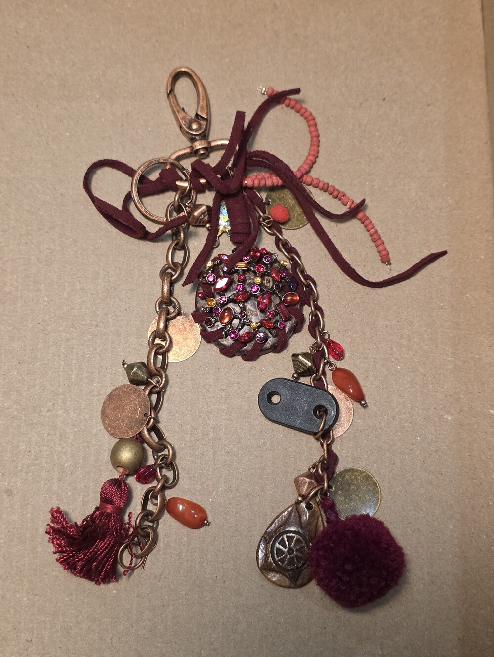 Rare Luxury Burgundy Pom & Tassel Keychain Charm Turtle Swarovski Crystals